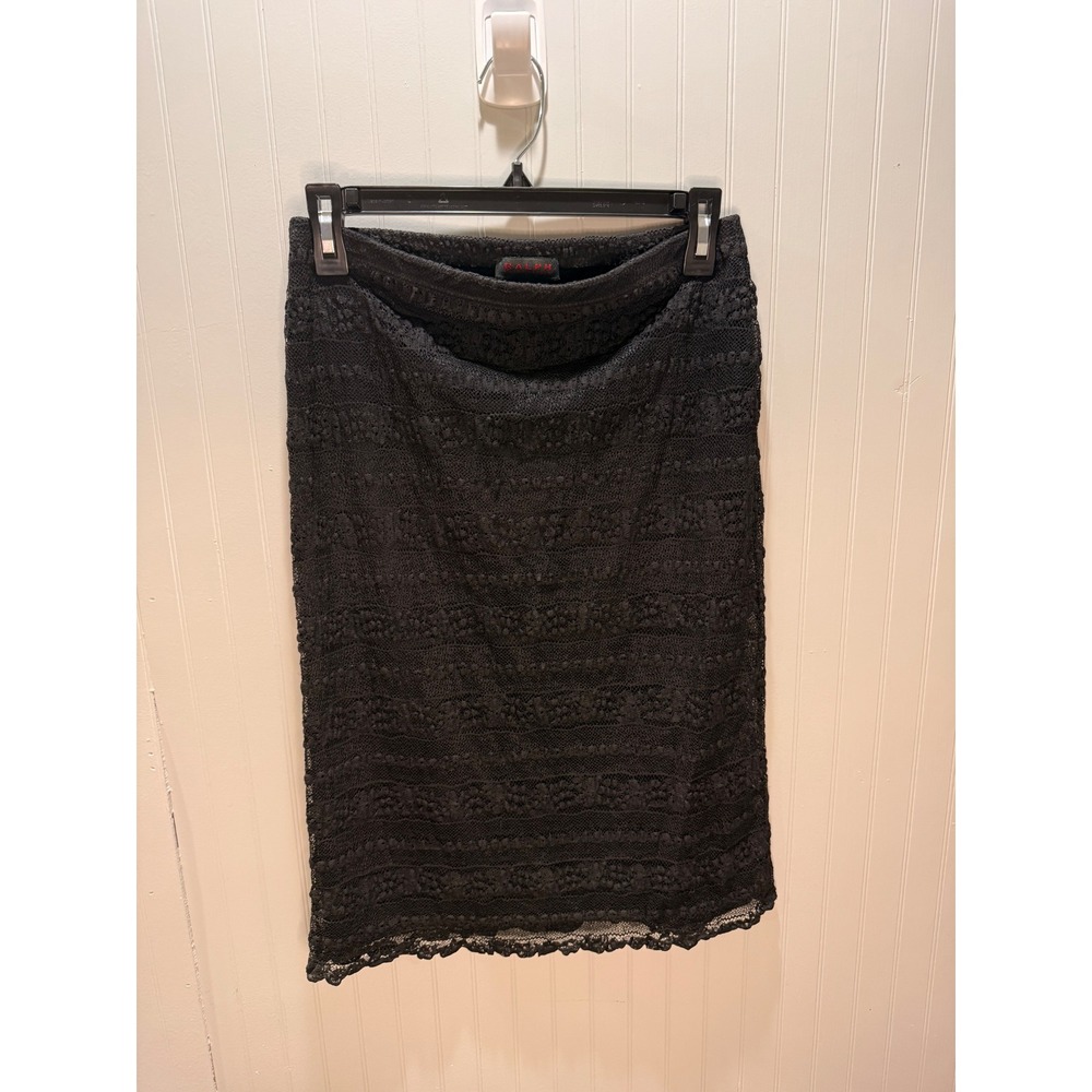 Ralph Lauren Black Floral Lace Pencil Skirt Scalloped Hem Midi XS